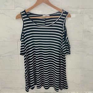 Black and White Striped Cold Shoulder Top